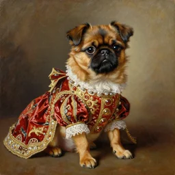 the royal king's brussels griffon dog by greg hildebrant fancy rococo baroque regal puppy oil painting high quality award winning clothed in fancy garb