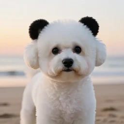 a closeup photorealistic photograph of panda themed white bichon frise on the beach at sunset. This 4K HD image is Trending on Artstation, featured on Behance, well-rendered, extra crisp, features intricate detail and the style of Unreal Engine.