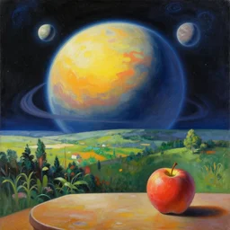 a painting of a stunning landscape, a planet in space, striking lighting, an apple on a table, ilya kuvshinov, greg rutkowski, john singer sargent, anime, trending on artstation, intricate
