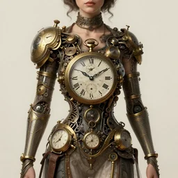 A beautiful and highly detailed, sci-fi, fantasy, steampunk, dieselpunk, cyberpunk, Victorian, fashion illustration about a woman's body modification that is made out of an antique watch and other components.