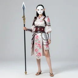 full - bodied portrait, female changeling in rose - patterned eastern light armor, wielding a decorated halberd, wearing sandals, barefoot, geisha mask, realistic proportions, reasonable fantasy, ghostblade, wlop.