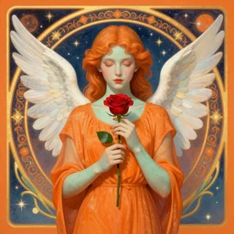 Angel girl holding red rose, Art Nouveau Cosmic 4k Detailed Matte Illustration featured on Getty Images ,CGSociety, Jade and Carrot orange color scheme, Pastiche by Marc Simonetti, Pastiche by Cedric Peyravernay