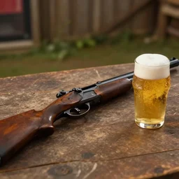 red dead screenshot of a gun and a beer on a table