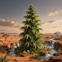 realistic giant cannabis crop and cannabis leaves, convert from left side Australian desert to right side; a utopian oasis with streams, waterfalls, landscape, photo, concept art, universe in the sky, cinematic lighting, 4k, wide angle, warm tones, Australian Earth,
