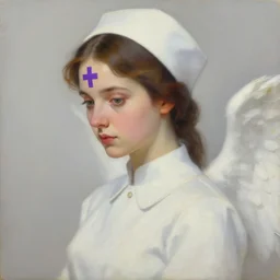 a beautiful side portrait painting of an angelical nurse. she has a purple cross in her forehead. looks like an angel. art by yoji shinkawa and sandra chevrier, trending on artstation, award - winning, perfect composition.