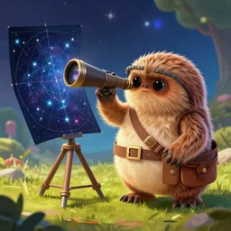 adventurous ewok studying a star chart with a telescope next to it, digital art, artstation, colorful