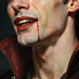bottom half of face portrait shot of blood dripping down a male vampire’s mouth chin and neck, as painted by leyendecker
