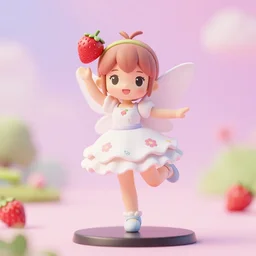 a femo figurine of a cute funny strawberry fairy with a frilly floral dress featured on yotsubato, by hayao miyazaki, pastels, wide angle, dynamic pose, 🎀 🍓 🧚