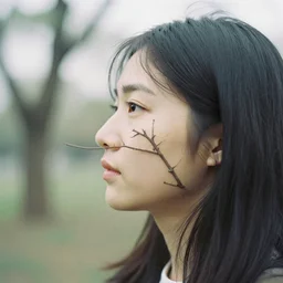 profile of woman's face made of tree branches, double exposure, film camera, bokeh, 8 5 mm lens
