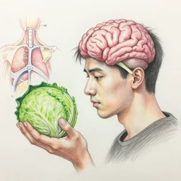sketch of a man with a cabbage brain, gazing down, anatomical diagram, colored pencil