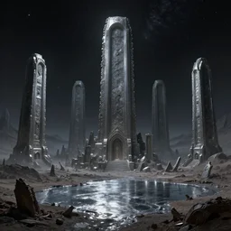 epic landscape of tall ancient metallic tombs of doom under deep sky full of stars, uneasy landscape of barren exoplanet gliese, lakes of molten quicksilver among the ruins, inspired by beksinski and cgsociety, hyperdetailed crisp render, trending on artstation