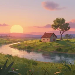 a relaxing landscape with a singular house near a river at sunset in Pixar style