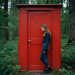 in red knock the door of a cabine in a forest, by aenami, alena