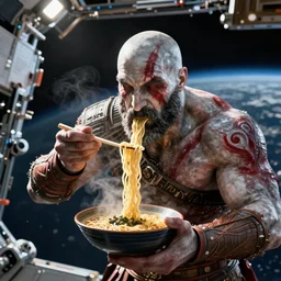 kratos from the god of war videogame eating ramen noodles in the international space station