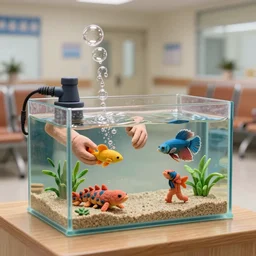 fish tank in hospital waiting room. plasticine model in water. hands in tank. newt. figures clay. tilt shift. clay figure. weird. surreal. tropical fish tank with sand. strange. bubbles form pump. tank. siamese fighting fish. aquatic photography. photorealistic. waiting room