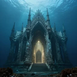 hyperrealism hyperdetail. submerged cathedral of dagon beneath the ocean floor. photography by ansel adams. ominous light emits from deep inside the temple.