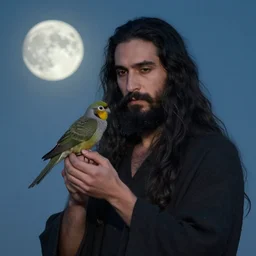 portrait of a man with long black hair and beard holding his imaginary bird friend in his hands, full moon in the background, fine portrait, beautiful, concept art, by tomer hanuka