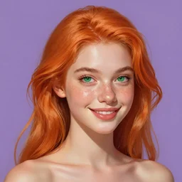 portrait of a beautiful smiling girl with orange hair and freckles, green eyes, elegant. highly detailed, digital painting, artstation, concept art, smooth, sharp, focus, illustration. background is purple, art by Lera Kiryakova