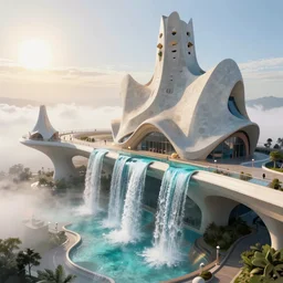 highly detailed futuristic architecture by Antoni Gaudí and Salvador Dalí, sky bridge, turquois waterfalls, ground-level view, foggy atmosphere, stunning sunny lighting, sunrise, vivid colors, in the style of pixar animation, trending on Artstation, 8k, matte painting, ray tracing, hyper detailed, unreal engine 5, cinematic, epic lighting, cryengine, octane render, cyberpunk, red and orange glow, vibrant