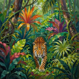 deep in the jungle with exotic plant life, colorful tropical plants, natural botanical gardens, vines along the jungle floor, a panthers eyes staring at the camera, acrylic painting by hannah yata, artstation, concept art, award winning,