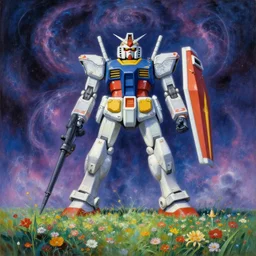 a beautiful painting of a large gundam shrine shrouded by mystic nebula magic in a field of flowers by moebius and android jones