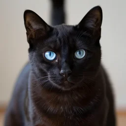 realistic photo of a black cat with blue eyes
