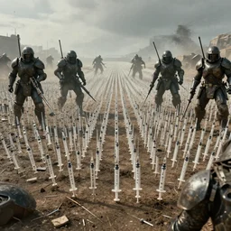 cinematic artwork of a battleground with thousands syringe needles sticking into the ground next to armor, trending on artstartion