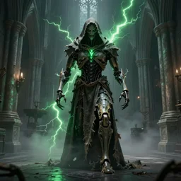 character and environment design, biomechanical arcanist in church on castle hallway, tattered robe and hood, green lightning, fog, scary, arrogant, hostile, photorealistic, cinematic, hyper realistic, octane render, 8 k, wide angle