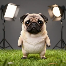Pug doll in the grass, photo studio, professional photo, commercial photo, professional lighting, trending in artstation, HDR