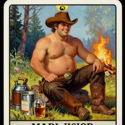 ethereal dramatic tarot card painting of a shirtless handsome! smirking cowboy with a chunky beefy build and belly | sitting | background is a serene campfire | tin cans and jugs of whisky | tarot card, art deco, art nouveau | by Mark Maggiori | trending on artstation