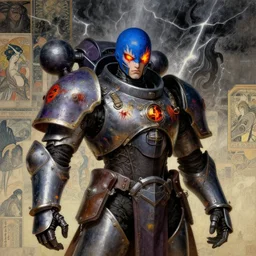 composition of gothic and futuristic young mainem, warhammer, cyber armor, scars, thunderstorm, blue head, fire eyes, some red and purple and yellow, the middle ages, highly detailed, artstation, in the style of moebius, jugendstil and classic japanese print, art by max ernst
