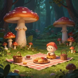 a cute picnic in a mushroom forest. dramatic lighting, cgsociety masterpiece, artstation trending, greg rutkowski, 4k, digital art, concept art