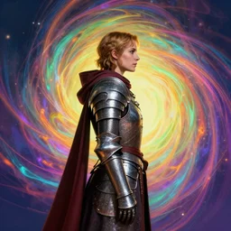 side profile portrait, medium shot, imogen poots, cleric, armour, gloomhaven, colorful swirly magic ripples, synth wave colours, by greg manchess, huang guangjian, lois van baarle, sachin teng, greg rutkowski, jesper ejsing, ilya kuvshinov