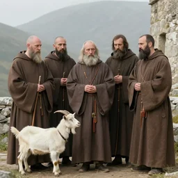 photo of breton monks looking like rasputin with with athos monks on athos, with a goat