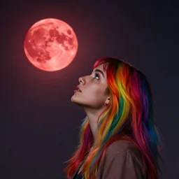 woman with rainbow hair looking up at red moon by Luis Ricardo Falero trending on artstation
