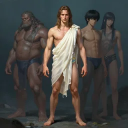 distant full body view, aaron taylor johnson as a sea titan in toga, speedo, long hair, dressed!!!!!! digital painting, concept art, smooth, sharp focus, illustration by artgerm, yoshitaka amano, krenz cushart, shinji aramaki