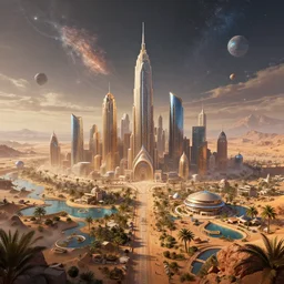an oasis metropolis on the an alien planet, afrofuturism, digital artwork,