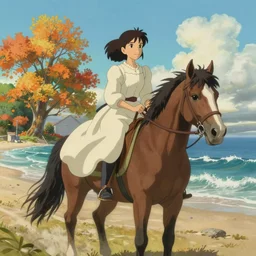 an epic fantasy comic book style portrait painting of anne of green gables riding a horse on the beach!, studio ghibli, unreal 5, daz, hyperrealistic, octane render, dynamic lighting, intricate detail, harvest fall vibrancy, cinematic