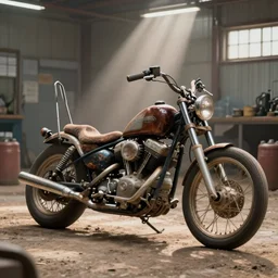 a photograph of a rusty 1950's Harley Davidson chopper in a dusty repair shop, soft lighting, crepuscular rays, realistic octane render, 8k, ultra detailed, concept art