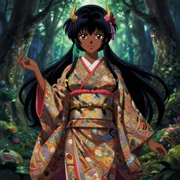 anime key visual of amora the enchantress wearing intricate ornate kimono!! rule of thirds, intricate, brown skin, magical forest, stunning, highly detailed, digital painting, artstation, smooth, hard focus, illustration, art by artgerm and greg rutkowski and alphonse mucha