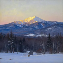 new hampshire, mountains, winter, twilight, luminous, abbott handerson thayer, glaze oil painting
