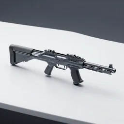 futuristic submachine gun on a smooth white table, design concept art, minimalist, studio lighting, 3d render, octane render