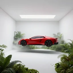 a photo of a closed white room with no widows and a red futuristic exotic car floating surrounded by lush green vegetation and fog
