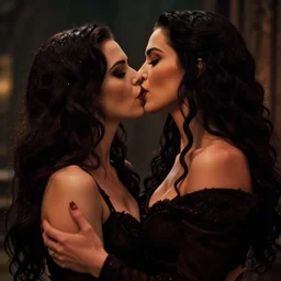 a realistic photograph of a beautiful hot female vampire kisses another hot female vampire, dark fantasy photo art, cinematic