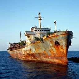 a singular rusted abandoned cargo ship, overgrown, sparse foliage, rusted, adrift at sea, by Scott Listfield and Simon Stalenhag, , golden hour, oversaturated blues, velvia film