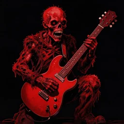 zombie guitar, in the style of beksinski, red, black, glowing, vibrant, chiaroscuro, high detail, perfect artwork, clean lines