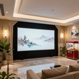 very wide view of a modern home movie theater with giant projector screen!!, detailed art deco decoration!!, wall lights, plant, popcorn machine, watercolor painting trending on artstation
