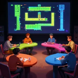 people communicating on round tables gameplay still frame, 4 colors, pixel art, retro, splash screen, level design, high contrast, background, deep focus, highly detailed, dramatic lighting, digital painting, artstation, concept art, matte, greg rutkowski, moebius, illustration.