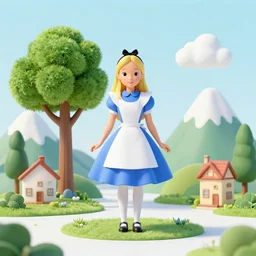 alice in wonderland, backdrops prop, house tree mountains, photo, 3 d render, 4 k, 8 k, high definition, vfx