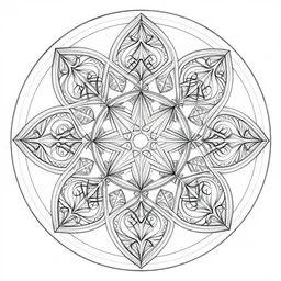lsd molecule morphing in sacred geometries, pattern, black and white, outline, highly detailed, intricate